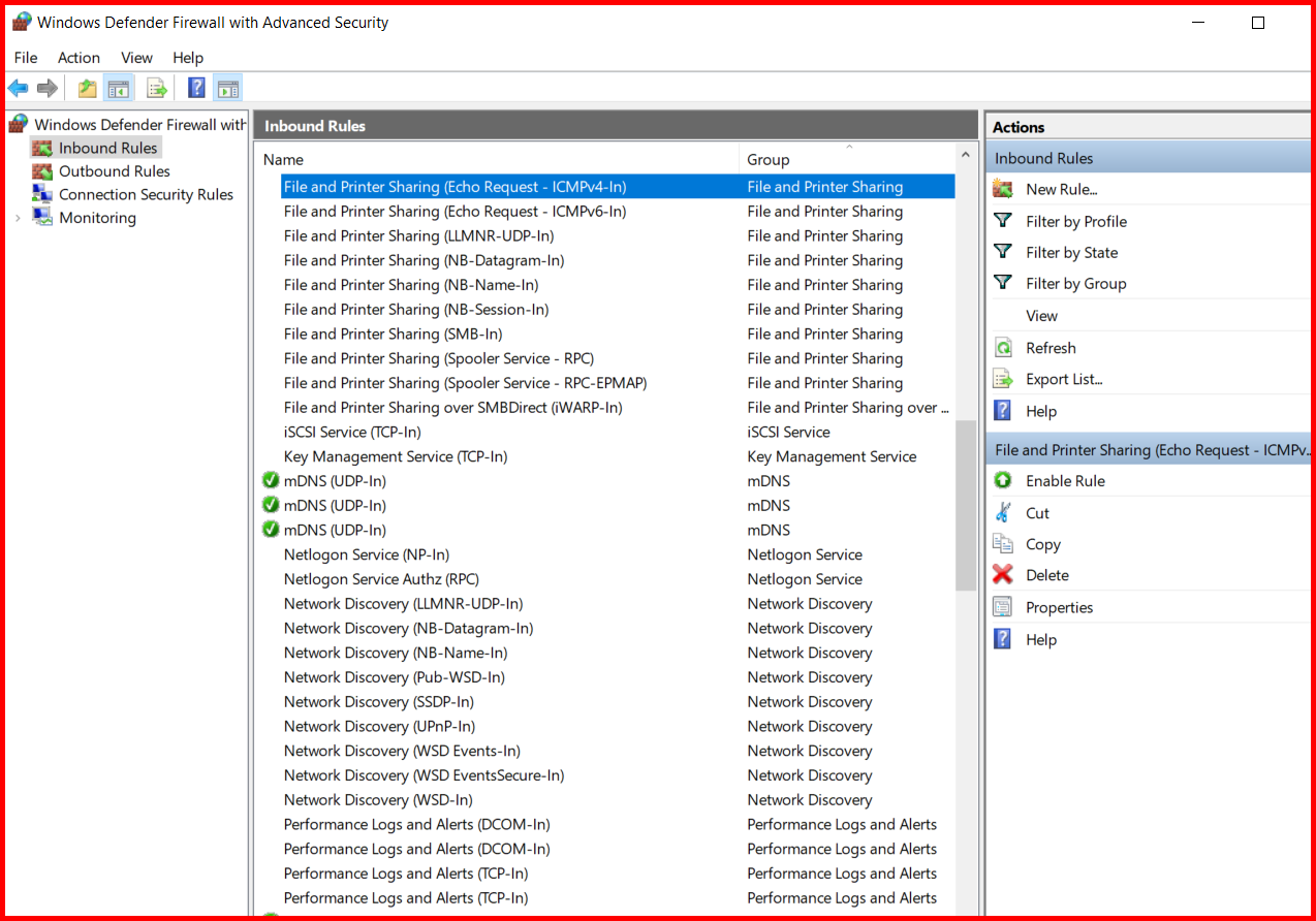 Picture showing the inbound rule screen for Windows Defender Firewall